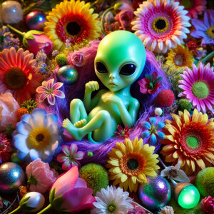 DALL·E 2024-12-22 14.01.20 - A small alien baby being born, surrounded by vibrant, colorful artificial flowers of all kinds and colors. The alien baby has a soft, glowing skin wit